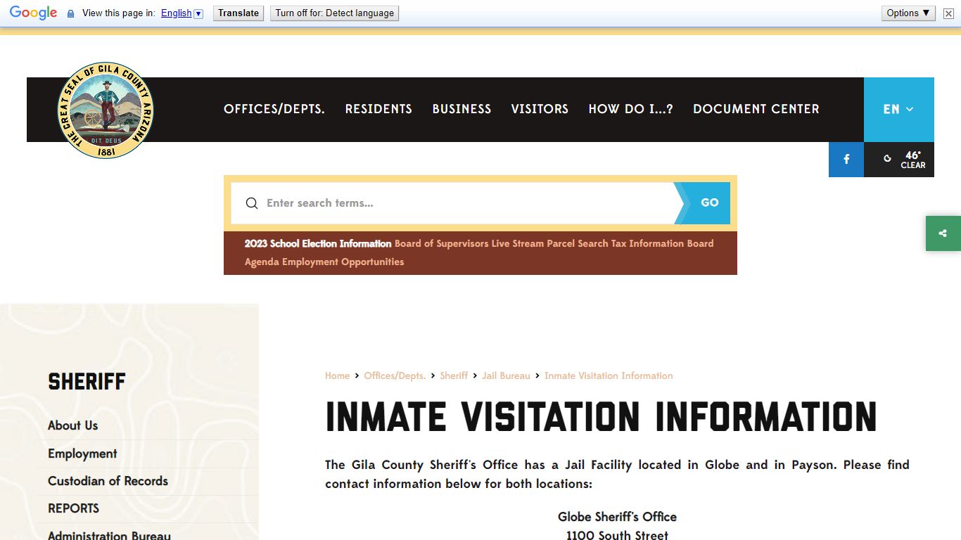 Inmate Visitation Information - Gila County, Arizona